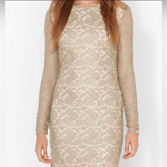 LAUREN by Ralph Lauren Scalloped Shimmering Metallic Lace Dress - Size 0 - Picture 3 of 12